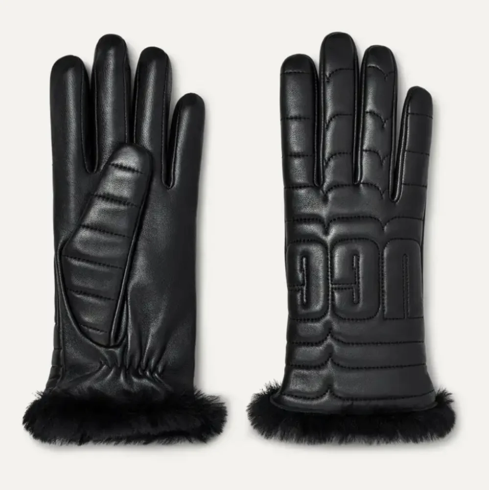 UGG Leather Quilted Logo Touchscreen Tech Cashmere Linen Black Gloves